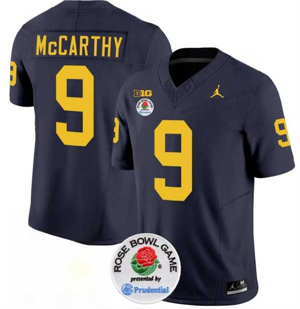 Men%27s Michigan Wolverines #9 J.J. McCarthy 2023 F.U.S.E. Navy Blue Rose Bowl Patch Stitched Jersey Dzhi